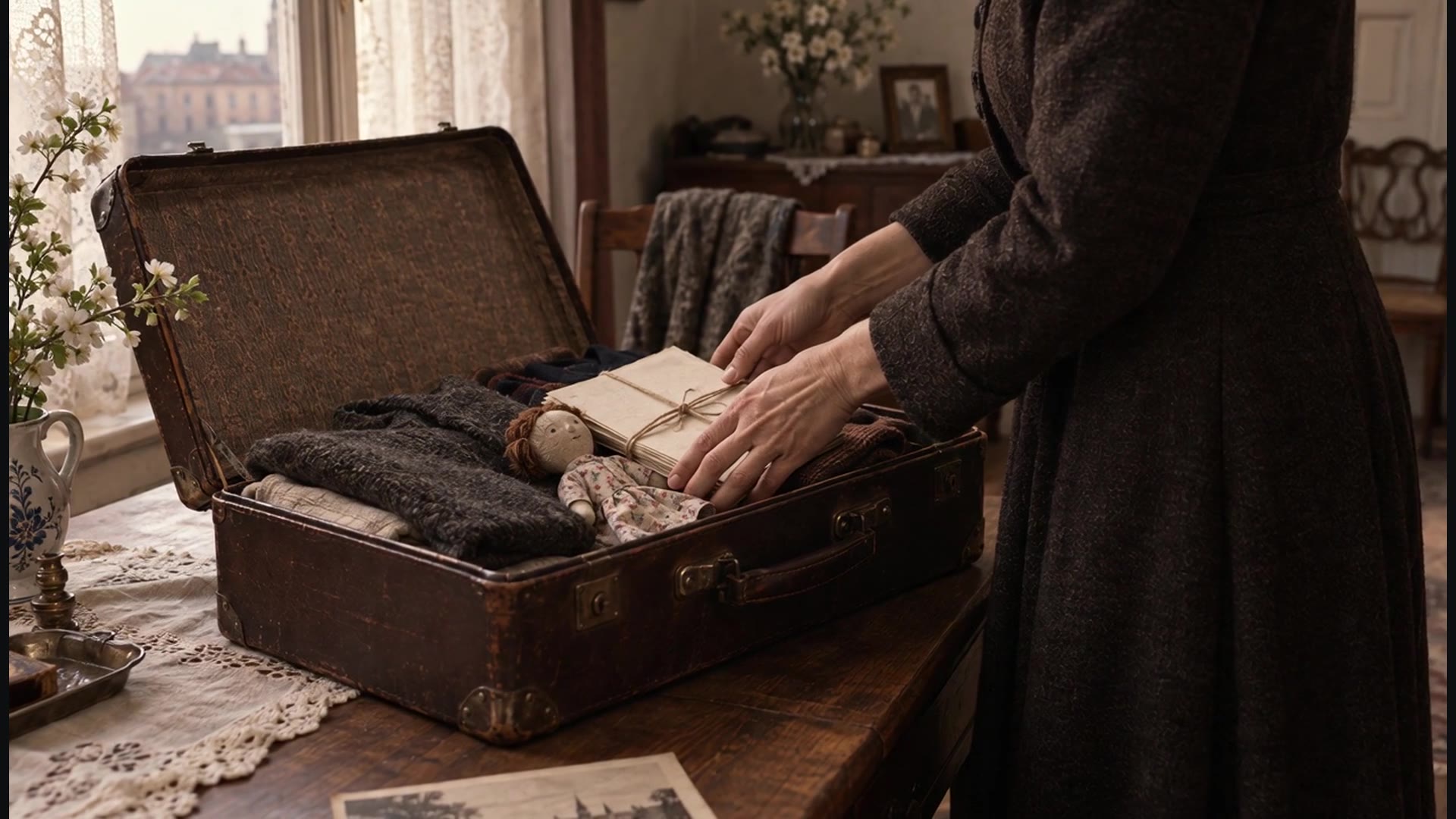 A reconstructed scene of a woman packing a suitcase before departure